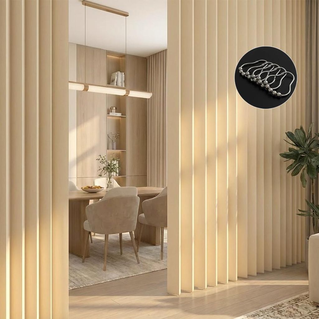 A room divider with vertical slats, showing a dining area in the background.