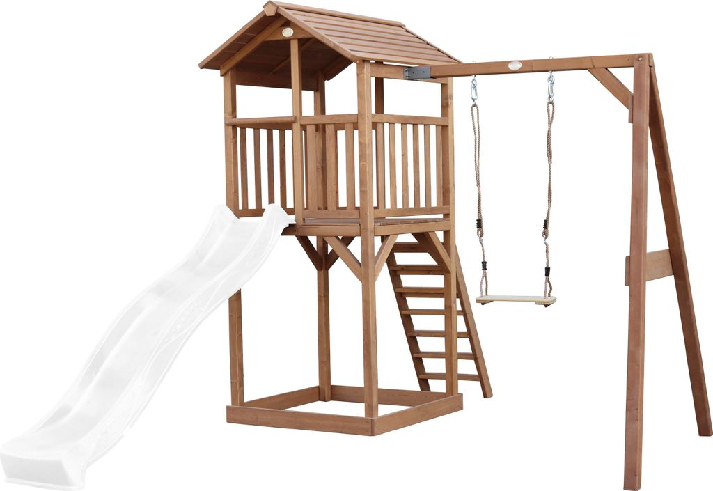 AXI Beach Tower Spielturm aus Holz in Braun | Spielhaus für Kinder mit weißer Rutsche, Schaukel und Sandkasten | Stelzenhaus für den Garten