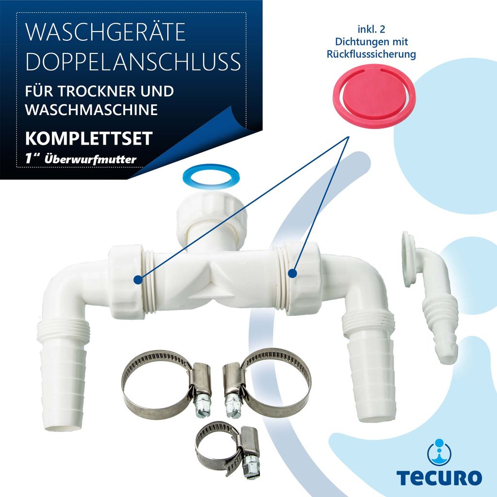 1 Zoll ÜWM tecuro Ablauf-Doppelanschluss für Waschmaschine und/oder Trockner Komplettset 