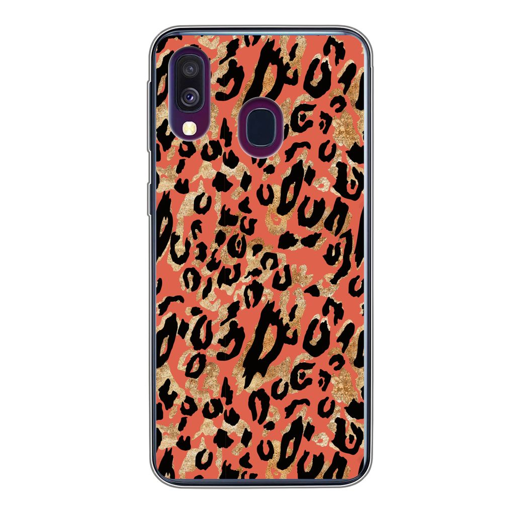 MuchoWow Handyhülle Schutzhülle Hülle für Samsung Galaxy A40 Pantherdruck - Gold - Rosa Silikon Softcase Handy Hülle - Handy-Tasche