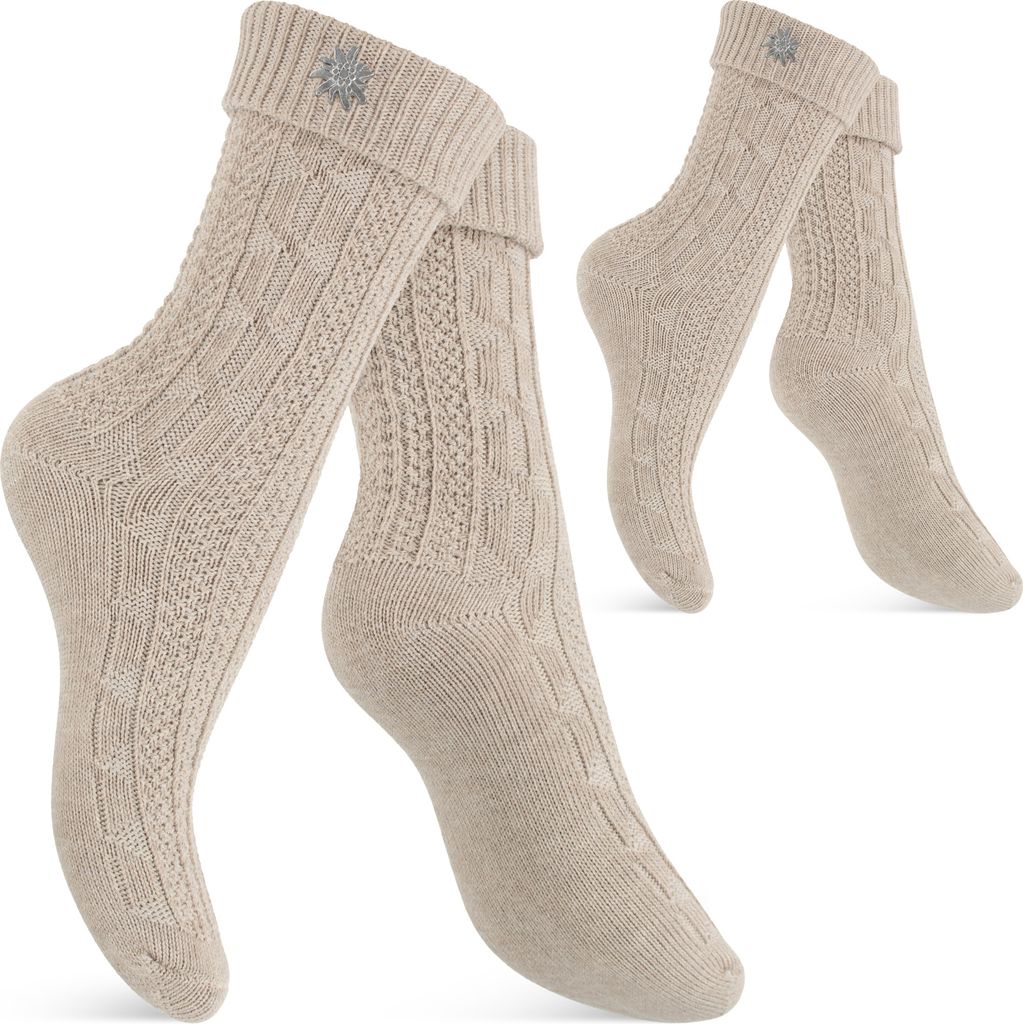 Celodoro Damen und Herren Trachten Socken (2 Paar) mit Edelweiß-Pin Strümpfe - Beige 35-38