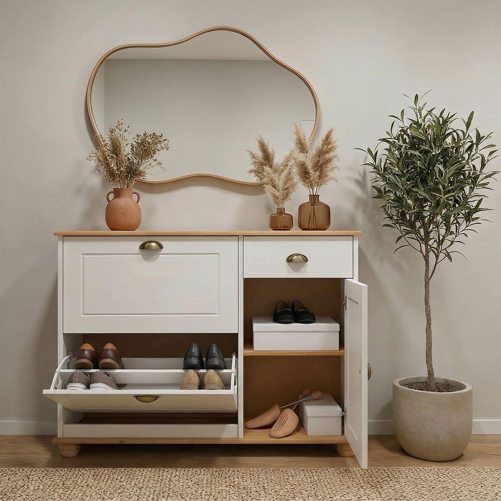 Schuhkipper Schuhschrank Flurschrank Dielenschrank mit 2 Klappen, 1 Tür und 1 Schublade in Kiefer massiv in weiß/braun