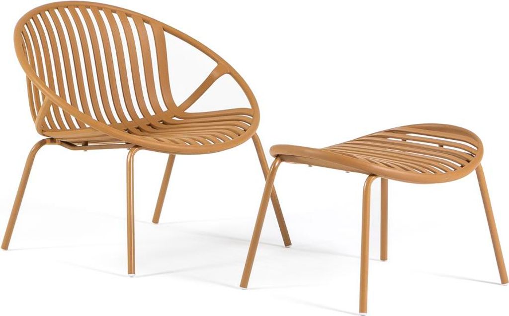 Outdoor-Sessel mit Fußhocker aus Polypropylen mit Glasfaser und lackierten Metallbeinen, moderner Relaxsessel für Garten, Terrasse, Balkon und Po...