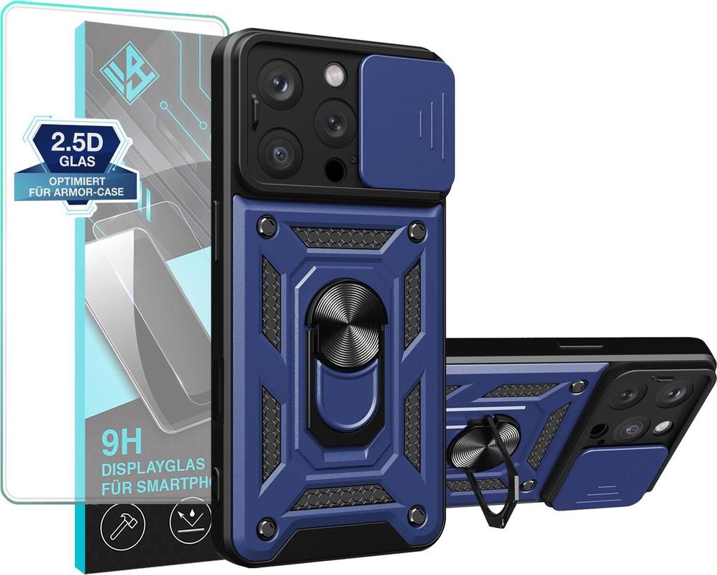 Armor Handyhülle für Apple iPhone 14 Pro mit 9H Displayglas Displayschutz Kameraschutz Handy Panzer Case Cover Schutzhülle Outdoor Farbe: Blau