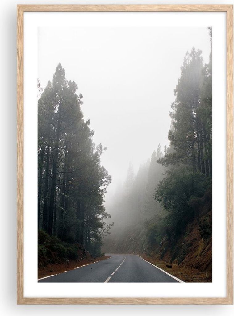 Gerahmtes Poster - Rahmen in heller Eiche - Weg Nebel Straße - 50x70 cm - Wand Bild - Wanddeko - Wandbilder - Kunstposter - Wandposter - Bilderrah...
