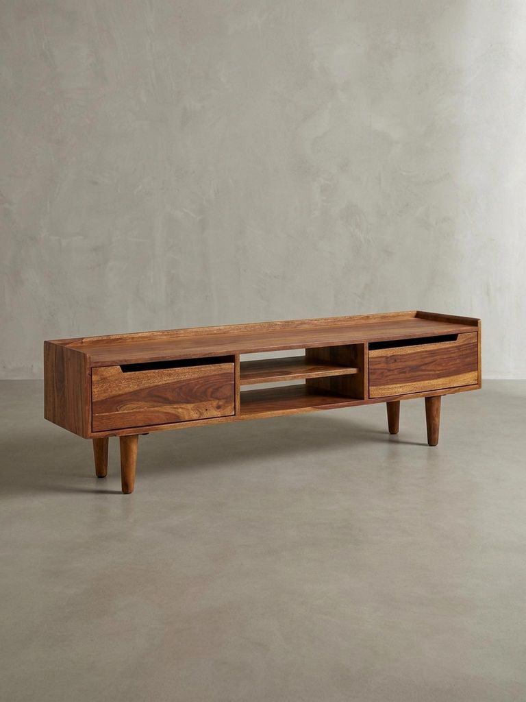 Massivholz-Lowboard für 60-Zoll TV, Sheesham, Stauraum, Schutzlackversiegelung. 145x35x43 cm | Kadima Design