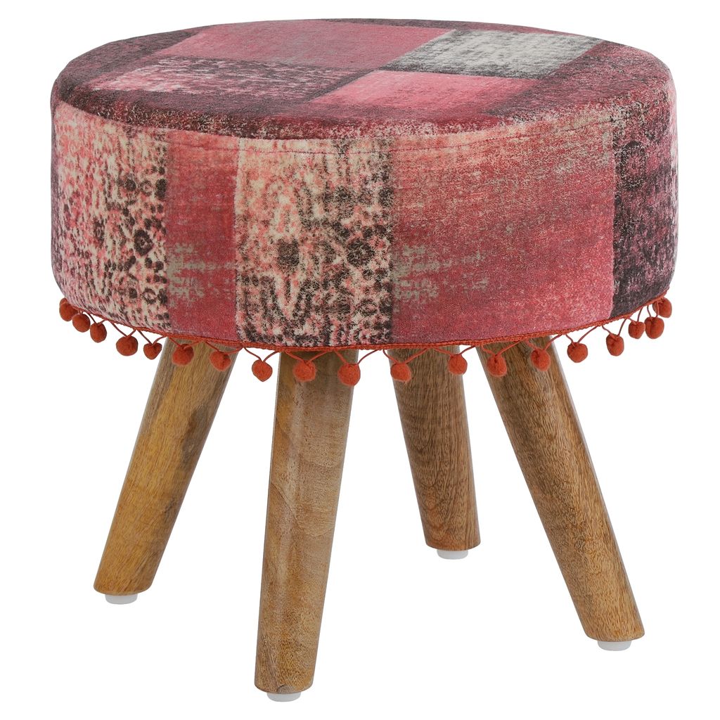 A round upholstered stool with wooden legs and a patchwork fabric cover.