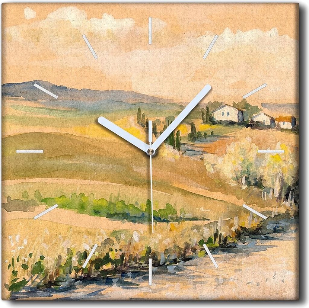 Coloray Uhr auf Leinwand 30x30 cm Wand Uhr Dekoration Wohnzimmer Segeltuch weiße Zeiger -Toskana-Landschaft.