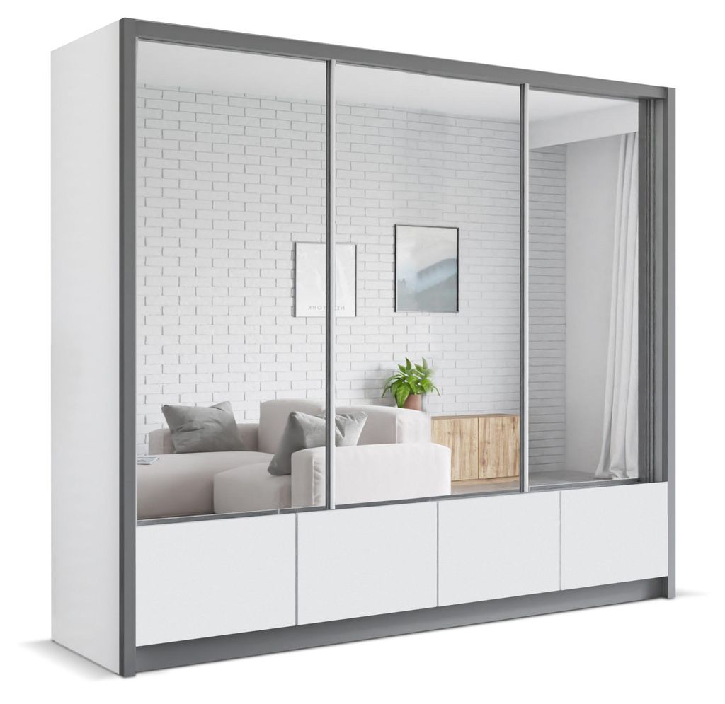 Krudox LUI Kleiderschrank Weiß Grau 254x217x62 cm Schiebetürenschrank mit Spiegel 4 Schubladen 3 Kleiderstangen Schlafzimmer