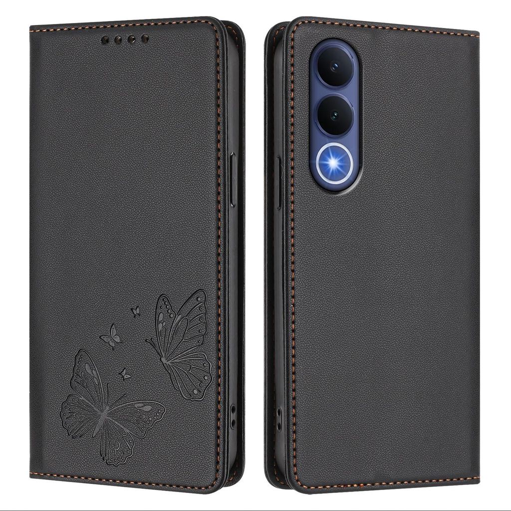 Lederhülle für Vivo V70 FE, Schmetterling Prägung Leder Brieftasche Schutzhülle mit Ständer Schwarz