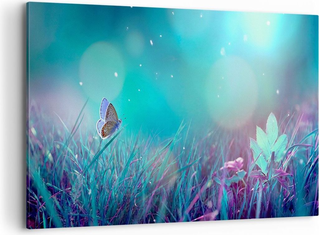 Bild auf Leinwand - Leinwandbild - Schmetterling Wiese Blume - 120x80cm - Wand Bild - Wanddeko - Leinwanddruck - Bilder - Kunstdruck - Wanddekorati...