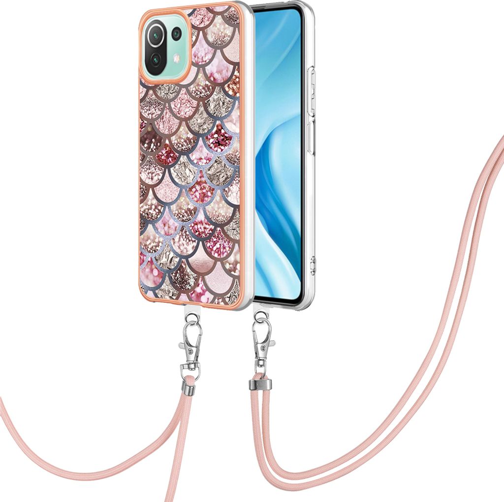 Handykette Hülle für Xiaomi 11 Lite Muster TPU Schutzhülle mit verstellbarem Tragegurt Kaffee
