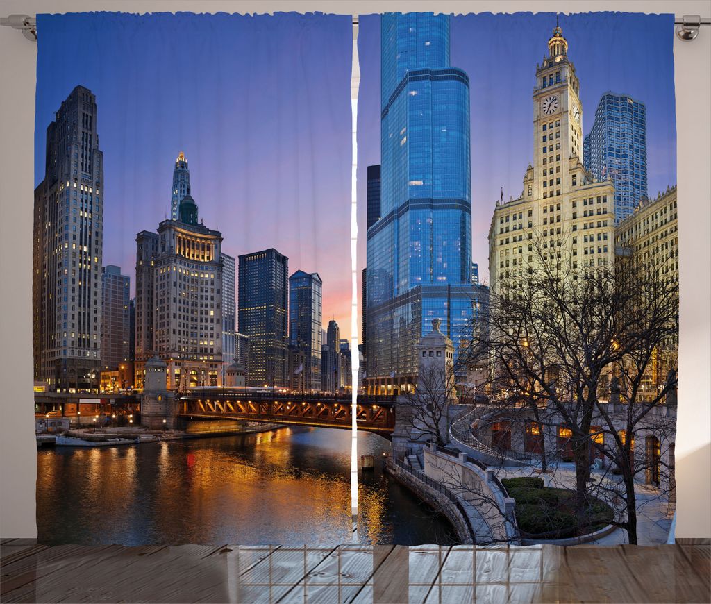 ABAKUHAUS Landschaft Rustikaler Gardine, Chicago River Scenery, Schlafzimmer Kräuselband Vorhang mit Schlaufen und Haken, 280 x 245 cm, Mehrfarbig