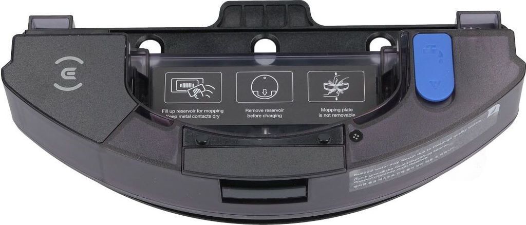 A close-up of a black and clear plastic robot vacuum cleaner water tank with instructions and a blue release button.