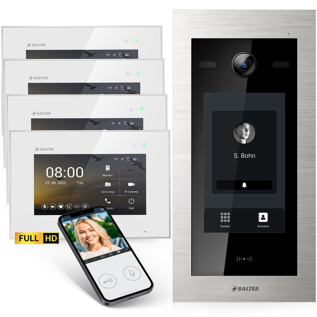 Balter EVO-HD Video Türsprechanlage mit Touchscreen, Smartphone App, 1 Familienhaus, 4x 7 Zoll Monitor, Türklingel mit Kamera Full HD, 2 Draht Bus