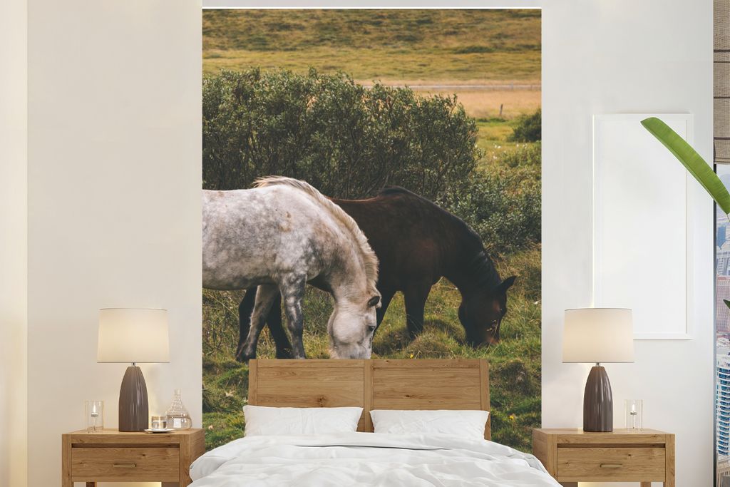 MuchoWow Fototapete für Wohnzimmer oder Schlafzimmer Wandtapete Vinyl Motivtapete Pferde - Schwarz - Island - 180x280 cm - Wallpaper
