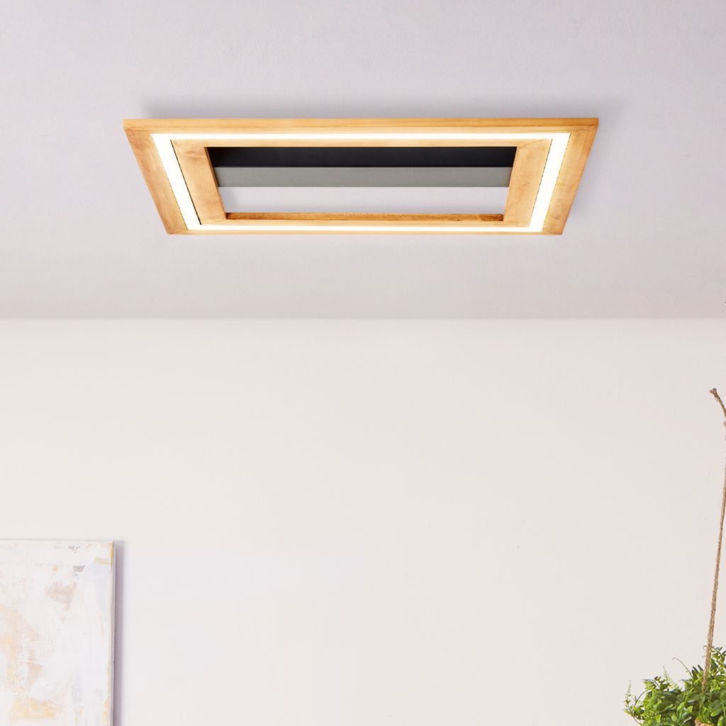BRILLIANT moderne LED Deckenleuchte RHEA | Deckenlampe mit nachhaltigem Holz und schwarzem Baldachin 45 x 45 cm | 24W 3000 Lumen 3000 Kelvin | Holz...
