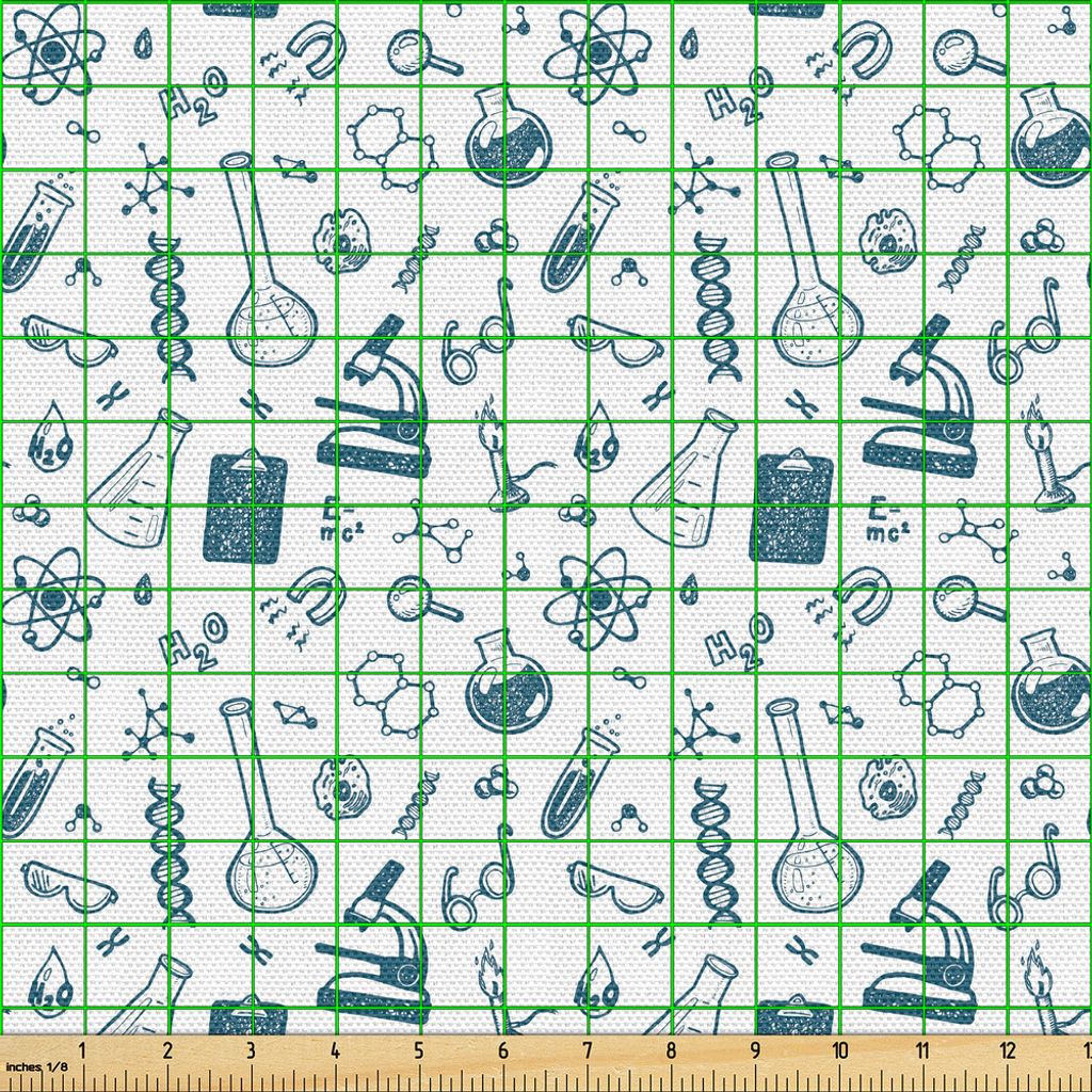 ABAKUHAUS Labor Gewebe als Meterware, Gekritzel-Zeichnungs-Stil College-Studie Chemical Illustration, 10 M (148 x 1000 cm), Petrol Blau und Weiß