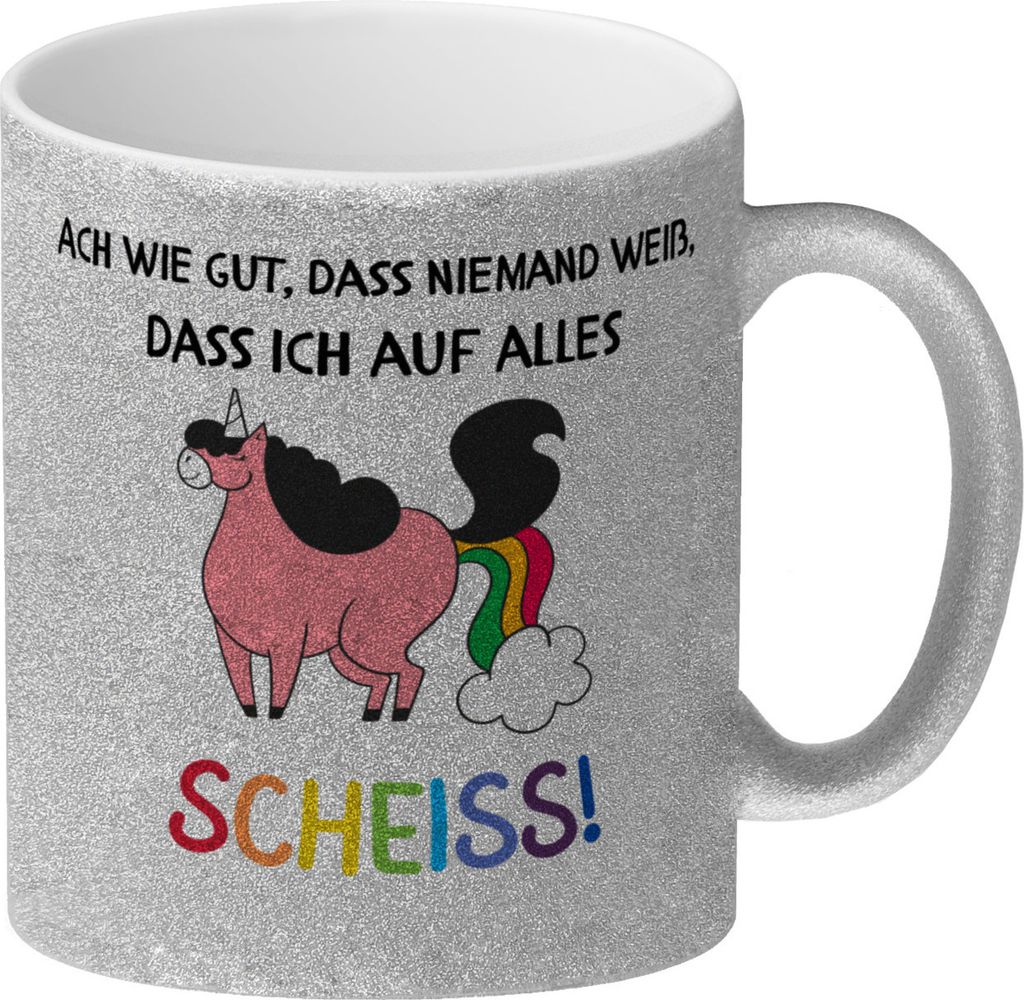 Einhorn Glitzer-Kaffeebecher mit Spruch Ach wie gut, dass niemand weiß
