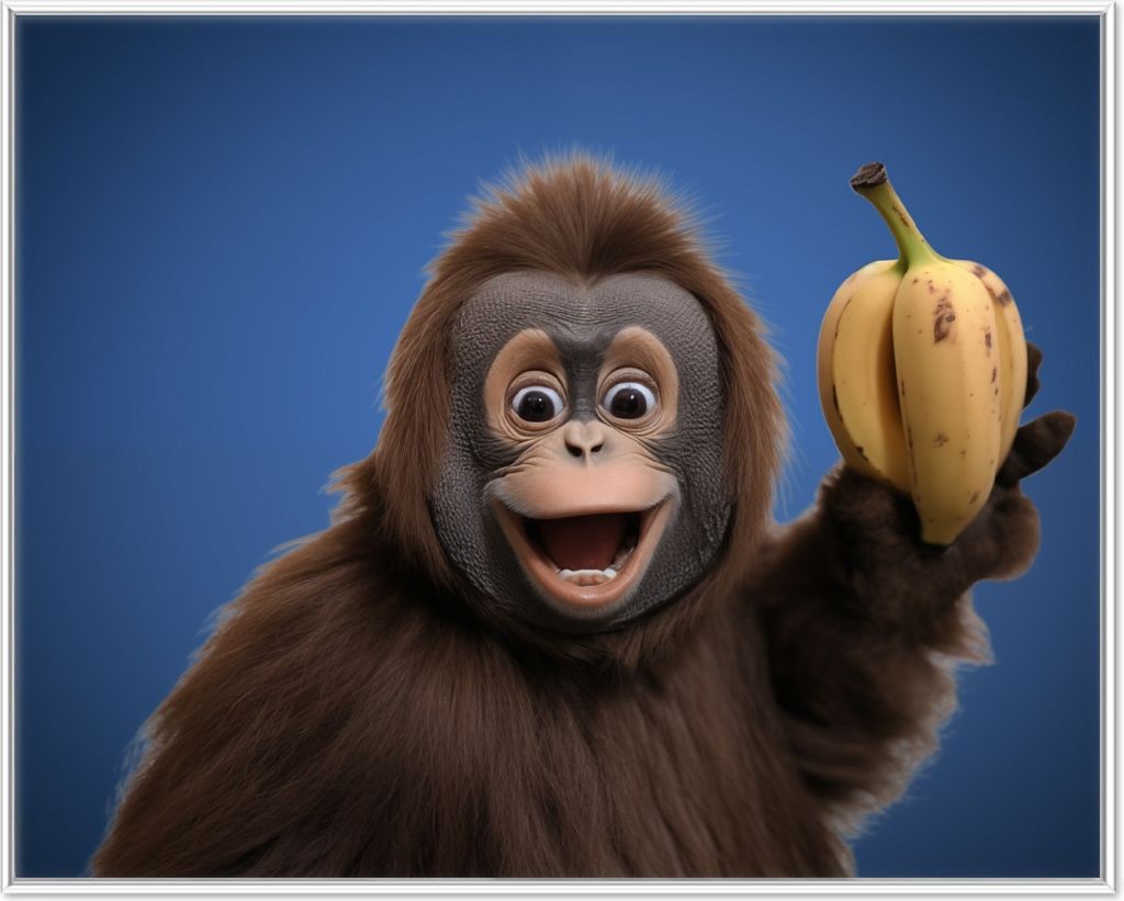 Wallario Wandbild Lustiger Affe mit Bananen, Größe: 40,30 x 50,30 cm, Poster mit weißem Aluminiumrahmen