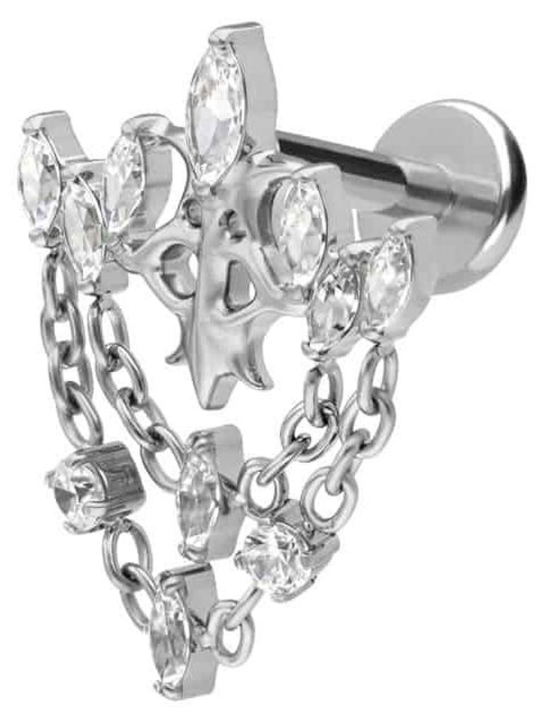Ohrpiercing, Nasenpiercing Titan Labret mit Push Fit GOTISCHE KRONE + KETTEN Silber Stablänge: 8mm | Stabstärke: 1,2mm