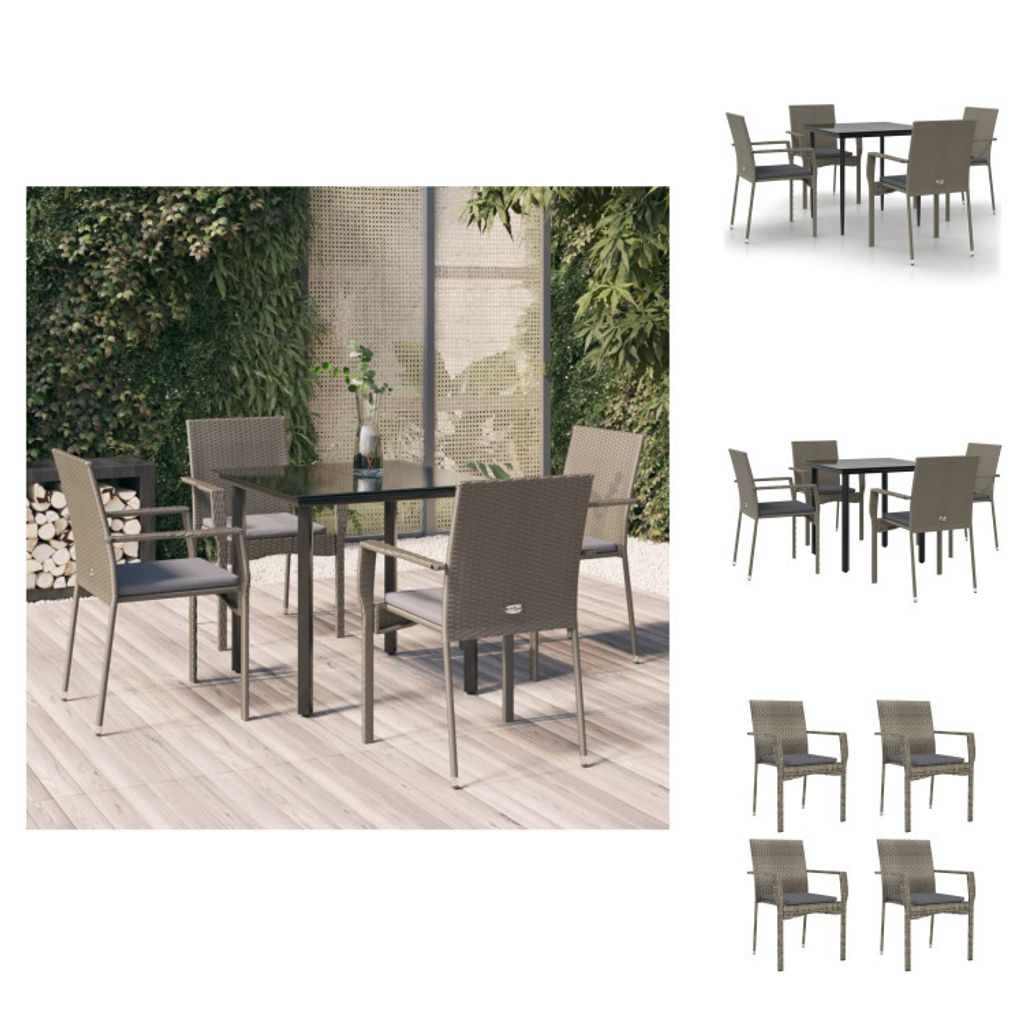 vidaXL 5-tlg. Garten-Essgruppe mit Kissen Schwarz und Grau Poly Rattan - Gartenmöbel-Sets