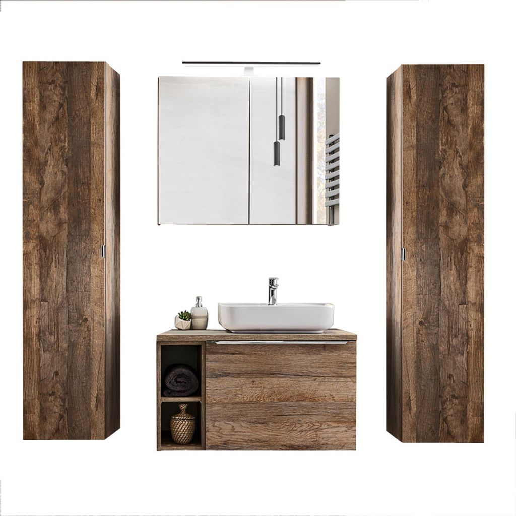 Badezimmermöbel Set in Vintage Oak Eiche PUEBLA-56 80cm Waschtischunterschrank mit Keramik-Waschbecken, LED-Spiegelschrank & 2 Hochschränke B/H/T...