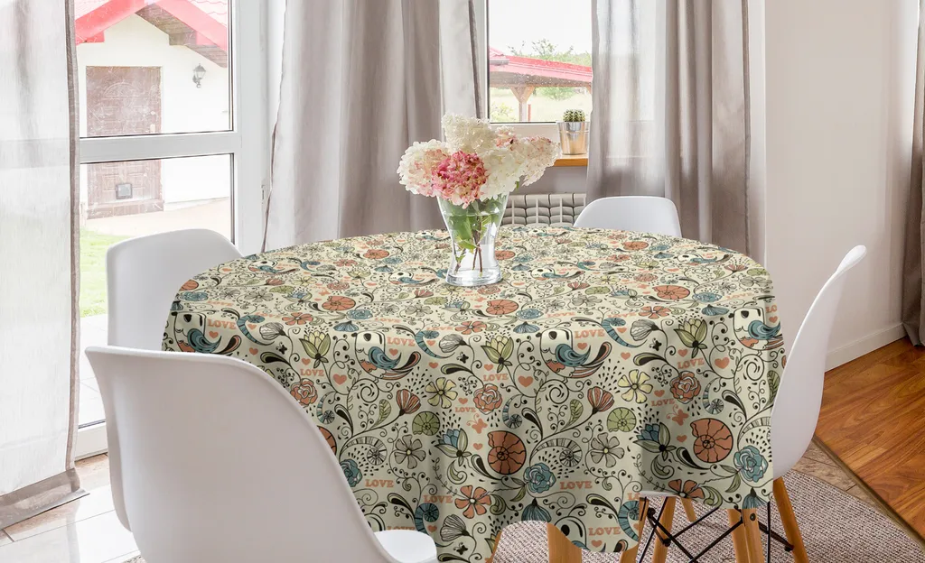 ABAKUHAUS Tovaglia rotonda con scarabocchi, uccelli, fiori, lumache e cuori, tovaglia circolare per sala da pranzo, decorazione per cucina, 150 cm, guscio d'uovo e multicolore