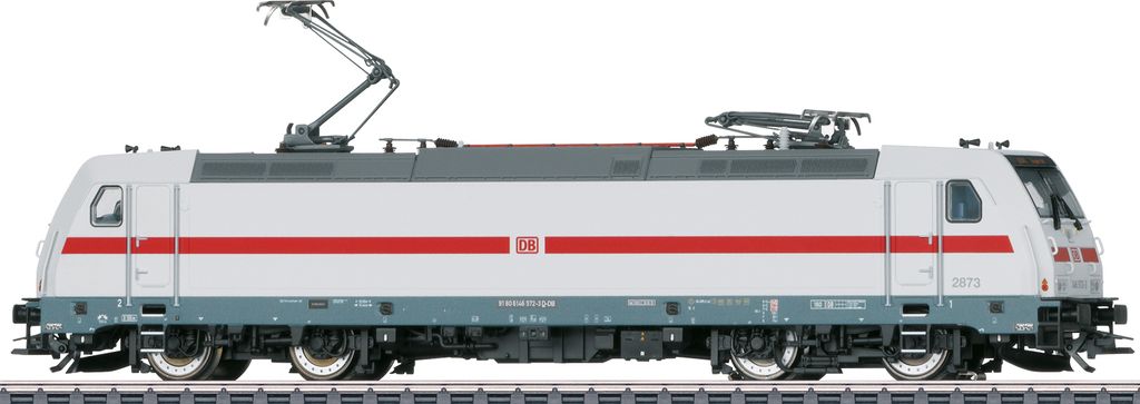 A side view of a model electric locomotive.