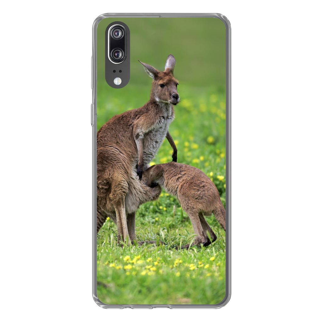 MuchoWow Handyhülle Schutzhülle Hülle für Huawei P20 Känguru - Blumen - Jung Silikon Softcase Handy Hülle - Hardcover
