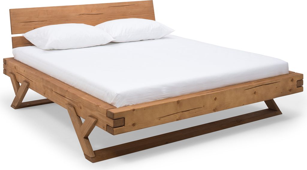 SalesFever Balkenbett 140 x 200 cm | Fichte-Holz | Massivholz | Y-Beine | B 158 x T 218 x H 90 cm | natur