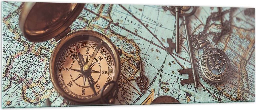 Bilder auf glas - Einteilig - Kompass Vintage Karte - 140x50cm - Glasbilder - Wandbilder - Bilder - zum Aufhängen bereit - Wanddekoration aus Glas...