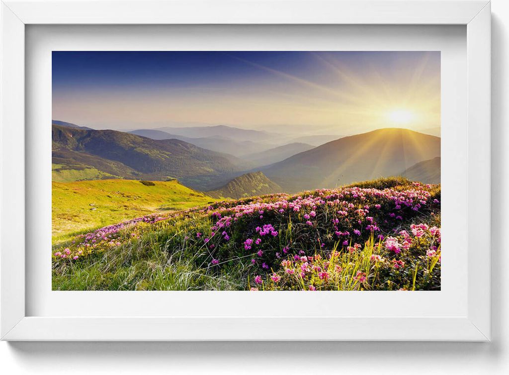 Berge und eine Blumenwiese– Wandbild mit Rahmen – Gerahmtes Bild – Wanddekoration – 30x20 cm – Weiß Rahmen