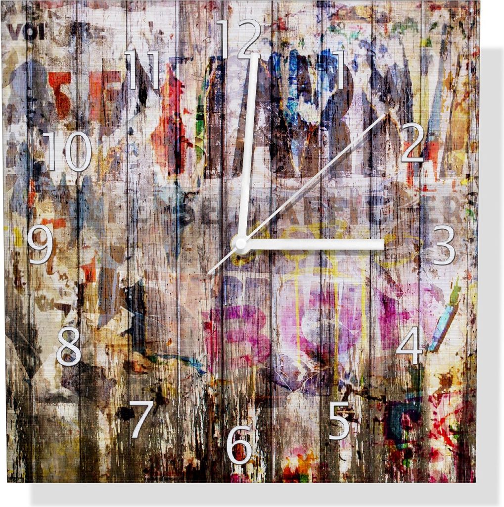 Wallario Design Wanduhr Bemalte Holzplanken mit alter Schrift aus Aluverbund, Größe 30 x 30 cm