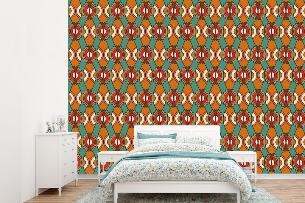 MuchoWow Fototapete für Wohnzimmer oder Schlafzimmer Wandtapete Vinyl Motivtapete Design - Retro - Orange - Abstrakt - 360x260 cm - Wohnzimmer t...