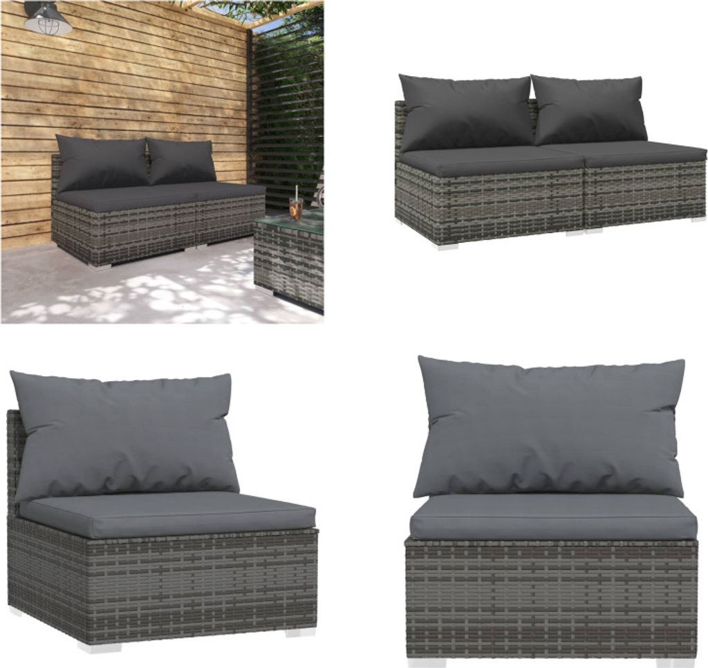 vidaXL 2 tlg. Garten Lounge Set mit Kissen Poly Rattan Grau - Garten-Lounge-Set - Garten-Lounge-Sets - Terrassen-Lounge-Set - Terrassen-Sofa-Set
