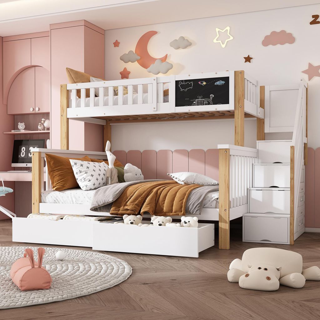 Flieks Kinderbett 90x200cm/140x200cm, Etagenbett mit Rausfallschutz, Hochbett mit Treppe und Schubladen, Massivholzbett mit Lattenrost und Tafel