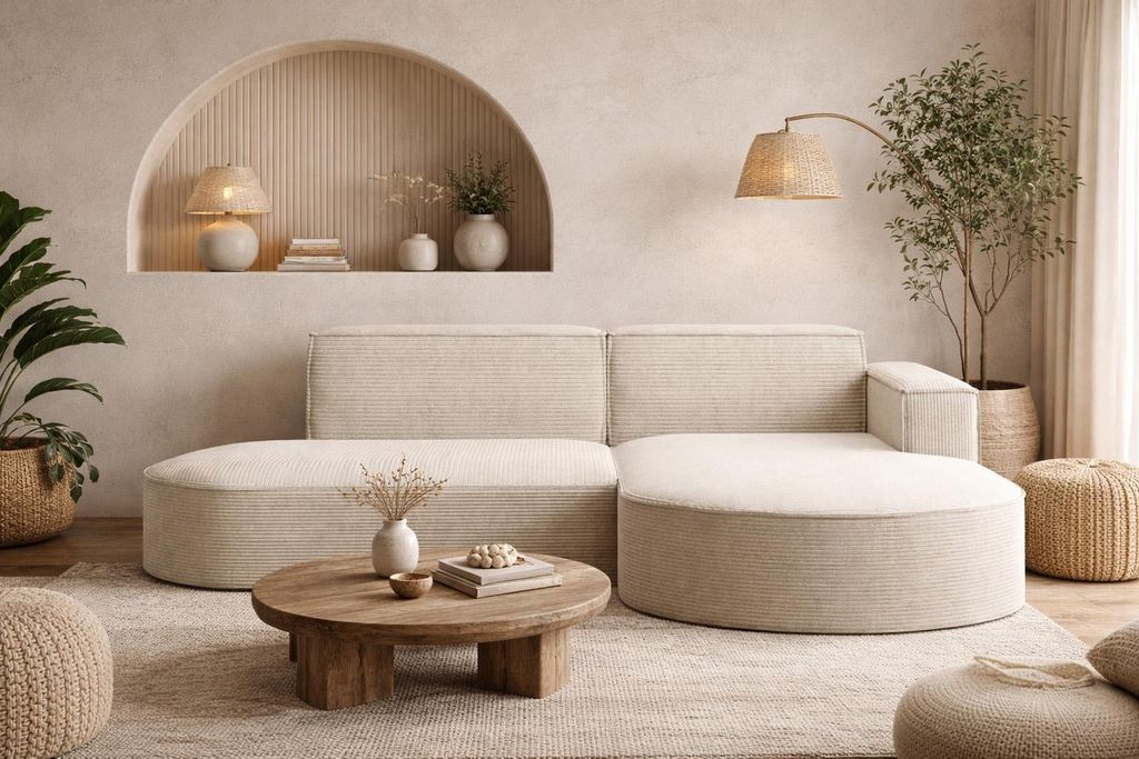 A modern living room with a sectional sofa, coffee table, and floor lamp.