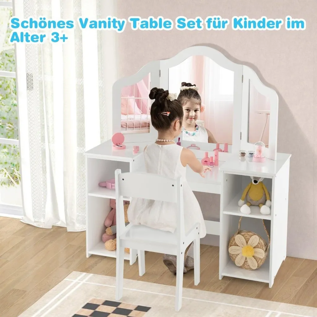 Meuble coiffeuse bureau enfant gain de place blanc avec miroir securite