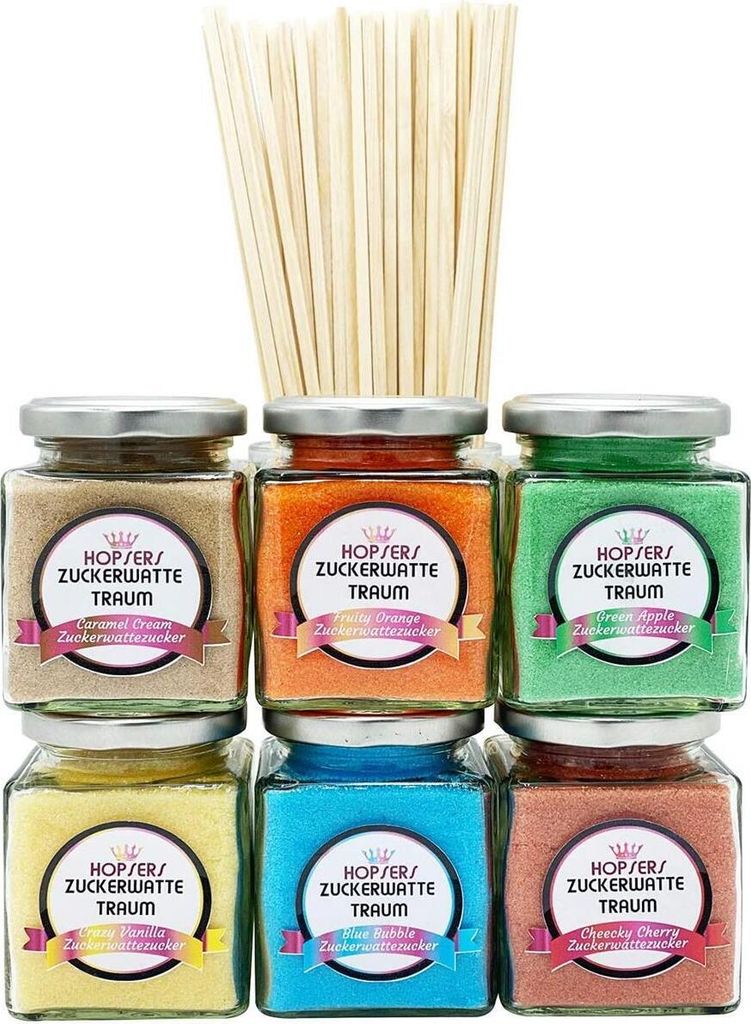 Zuckerwatte Zucker 6 x 175 Gramm im Glas für Zuckerwattemaschine Inkl.50 Zuckerwattestäbe | Bunter Premium Aroma-Zucker