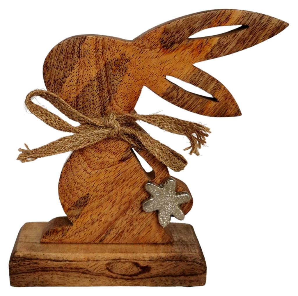 Hase aus Holz auf Sockel 18 cm mit Alublume Osterdeko Aufsteller