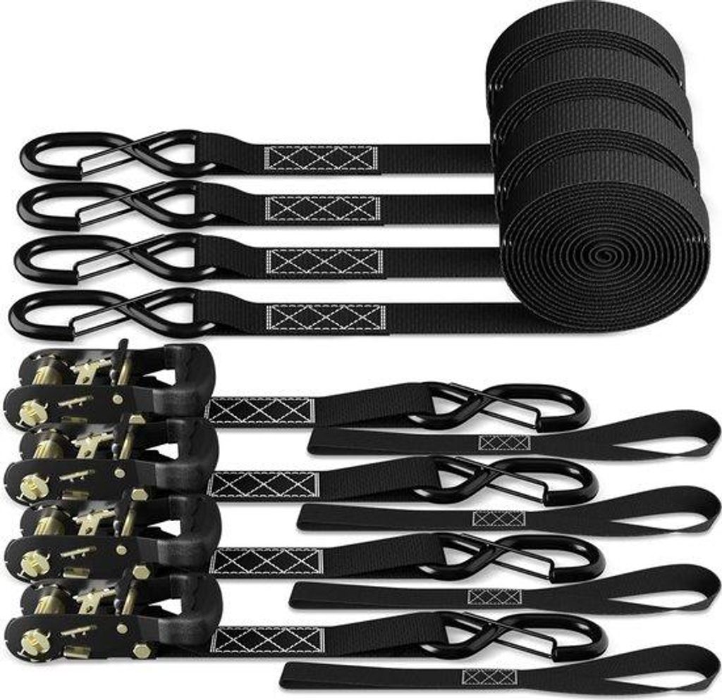Motorische Spanbanden, 680 kg Breuksterkte, 4 x 4,57 m, 4 Lussen, Rubberen Handvatten, Metalen Haken, Zwart