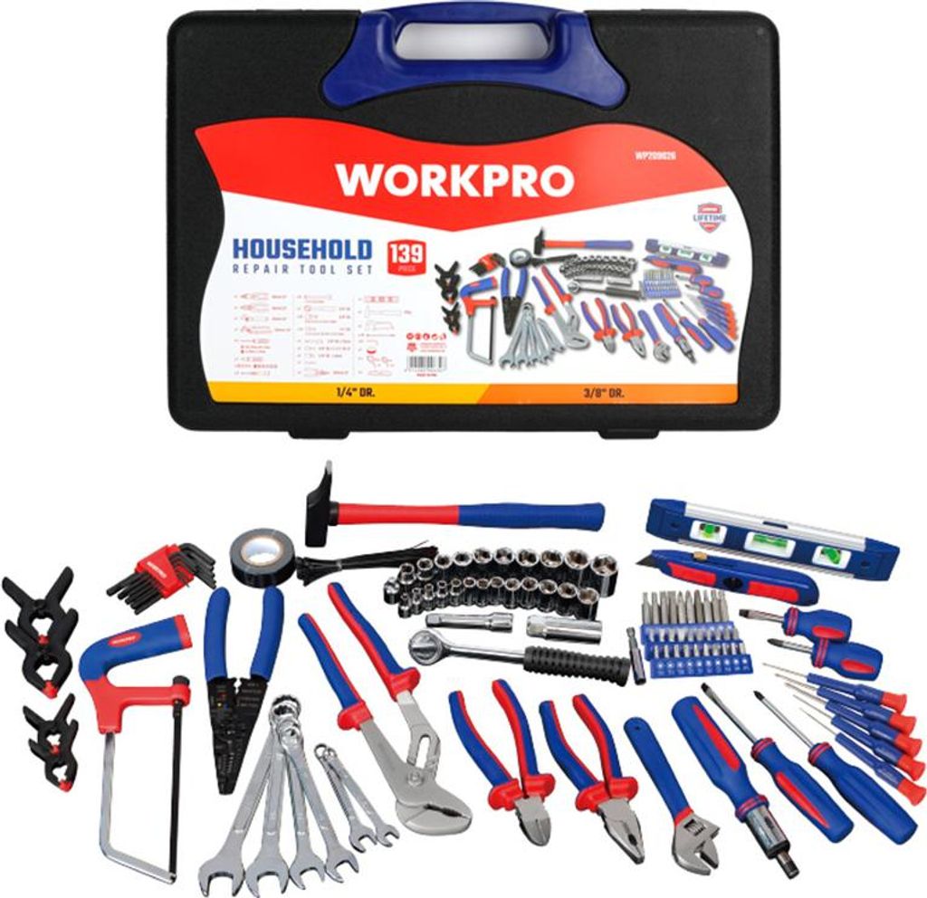 WORKPRO Set de Haushaltswerkzeuge, 139 Teile, inklusive Hammer, Zange, Schraubenschlüssel, Schraubendreher, metrische Steckschlüssel, mit Trageta...