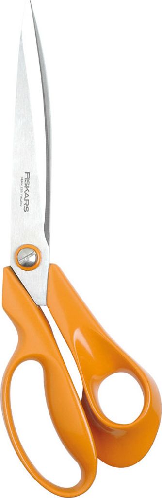 A pair of orange Fiskars scissors against a white background.