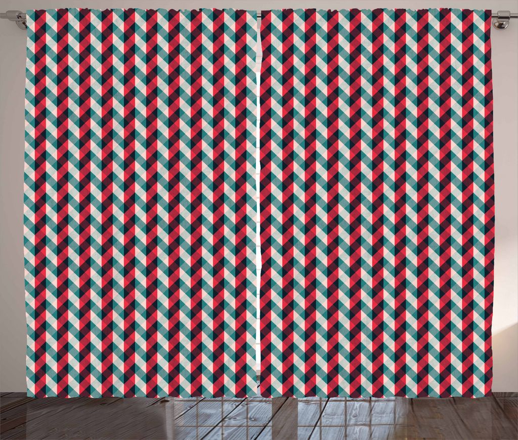 ABAKUHAUS Retro Rustikaler Gardine, Land-Art-Checkered, Schlafzimmer Kräuselband Vorhang mit Schlaufen und Haken, 280 x 175 cm, Dunkler Coral Teal...
