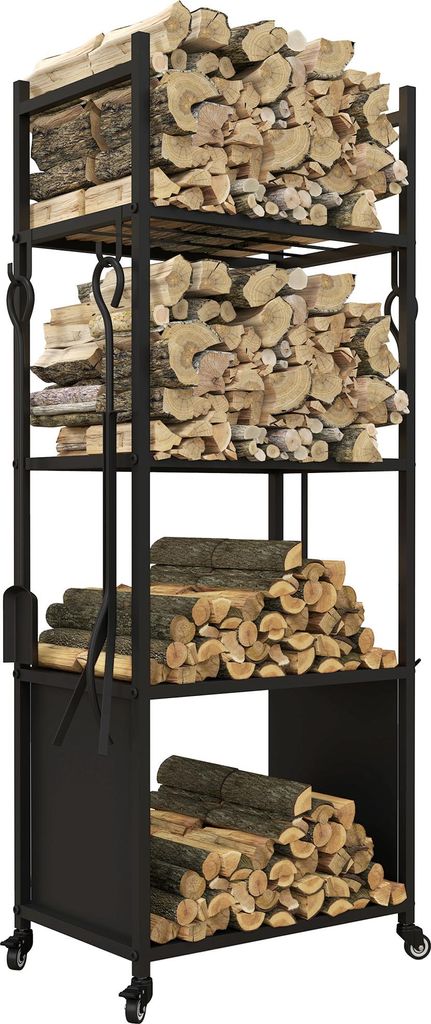 Outsunny Kaminholzregal 45 x 30 x 118 cm Brennholzregal mit Rollen, 4 Ablagen, Feuerholzregal für Outdoor, Indoor, bis 60 kg, Metall, Schwarz