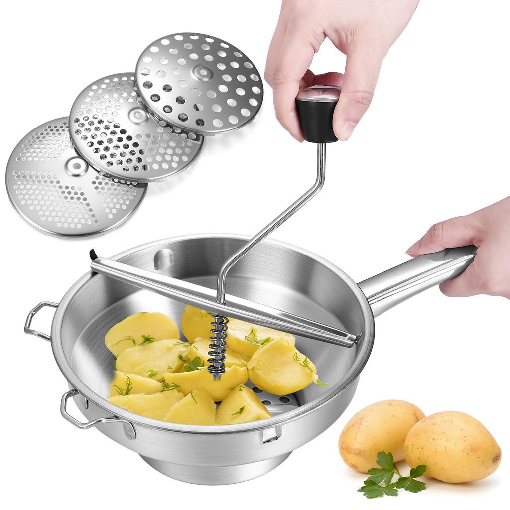 Passiergerät aus Edelstahl mit 3x Siebeinsatz - Passiermühle für Suppe Marmelade Baby Brei Saucen - 3 Stück Sieb Einsätze - Mühle Presse