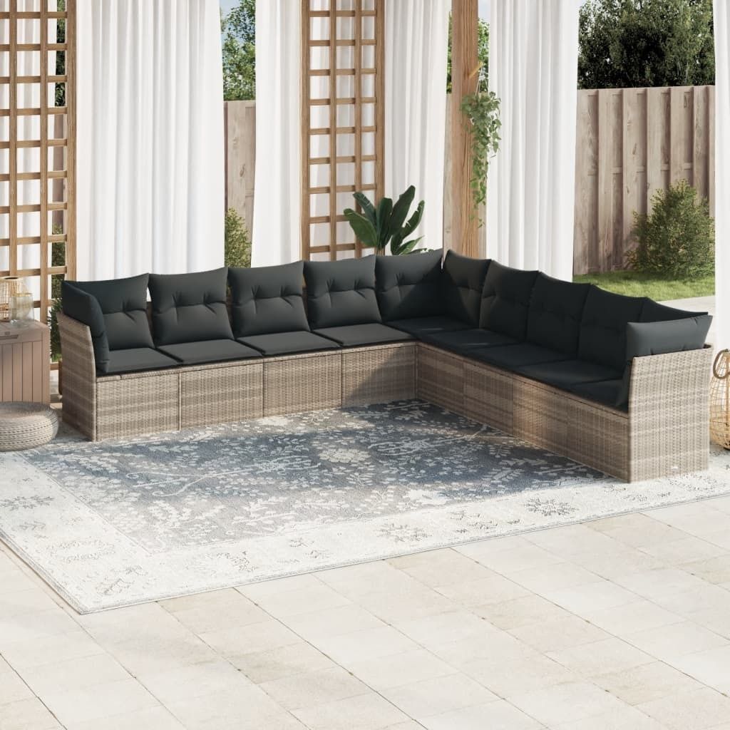 Industrie-Stil 9-tlg. Garten-Sofagarnitur Sofa Set mit Kissen Hellgrau Poly Rattan Terrassenmöbel2024 cloris