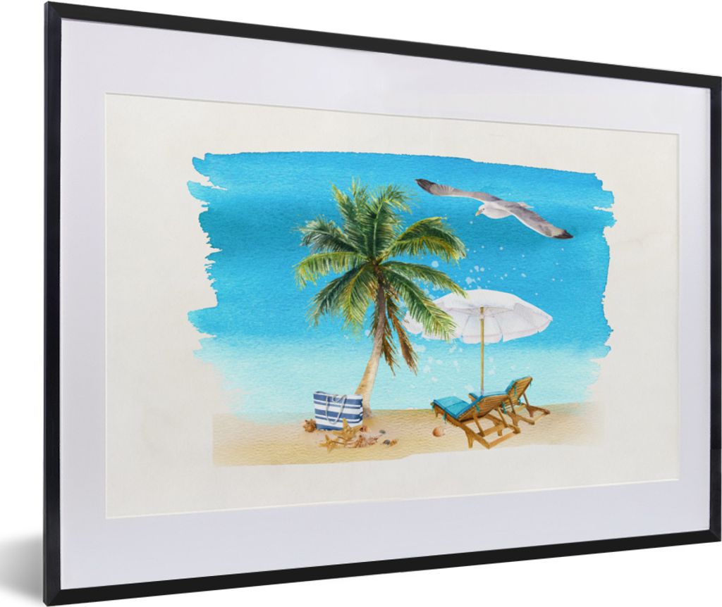 MuchoWow MuchoWow Gerahmtes Poster Strandkorb - Sonnenschirm - Palmen - Strand 60x40 cm - Poster mit zchwarzem Bilderrahmen - Schlafzimmer - Pl...