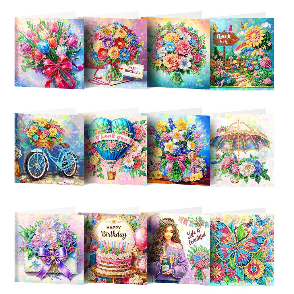 Diamond Painting Karten Set – 12 Festliche Motive (Blumen, Produktbild 